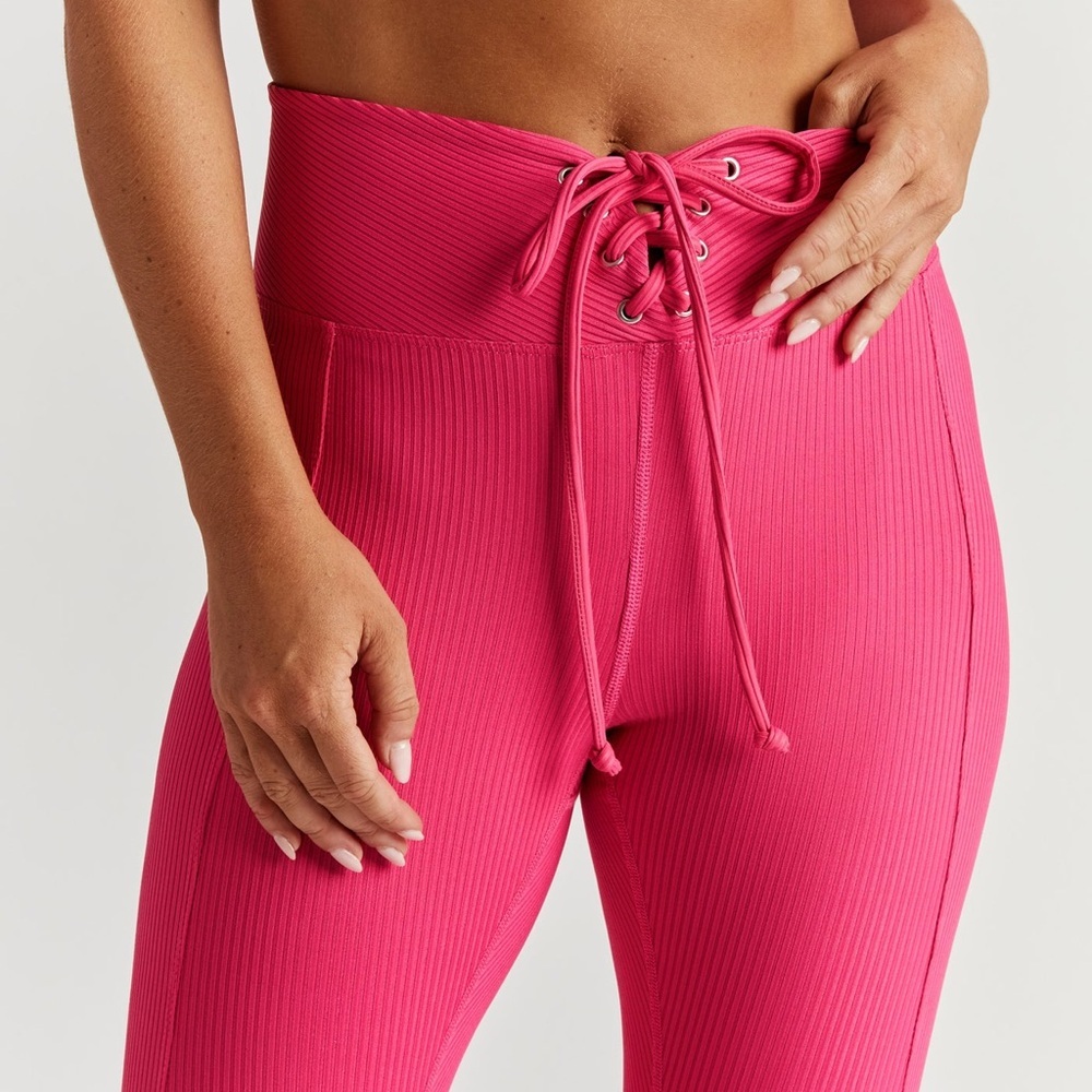 Year of Ours High-Waisted Lace-Up Football Leggings Ribbed Hot Pink XS